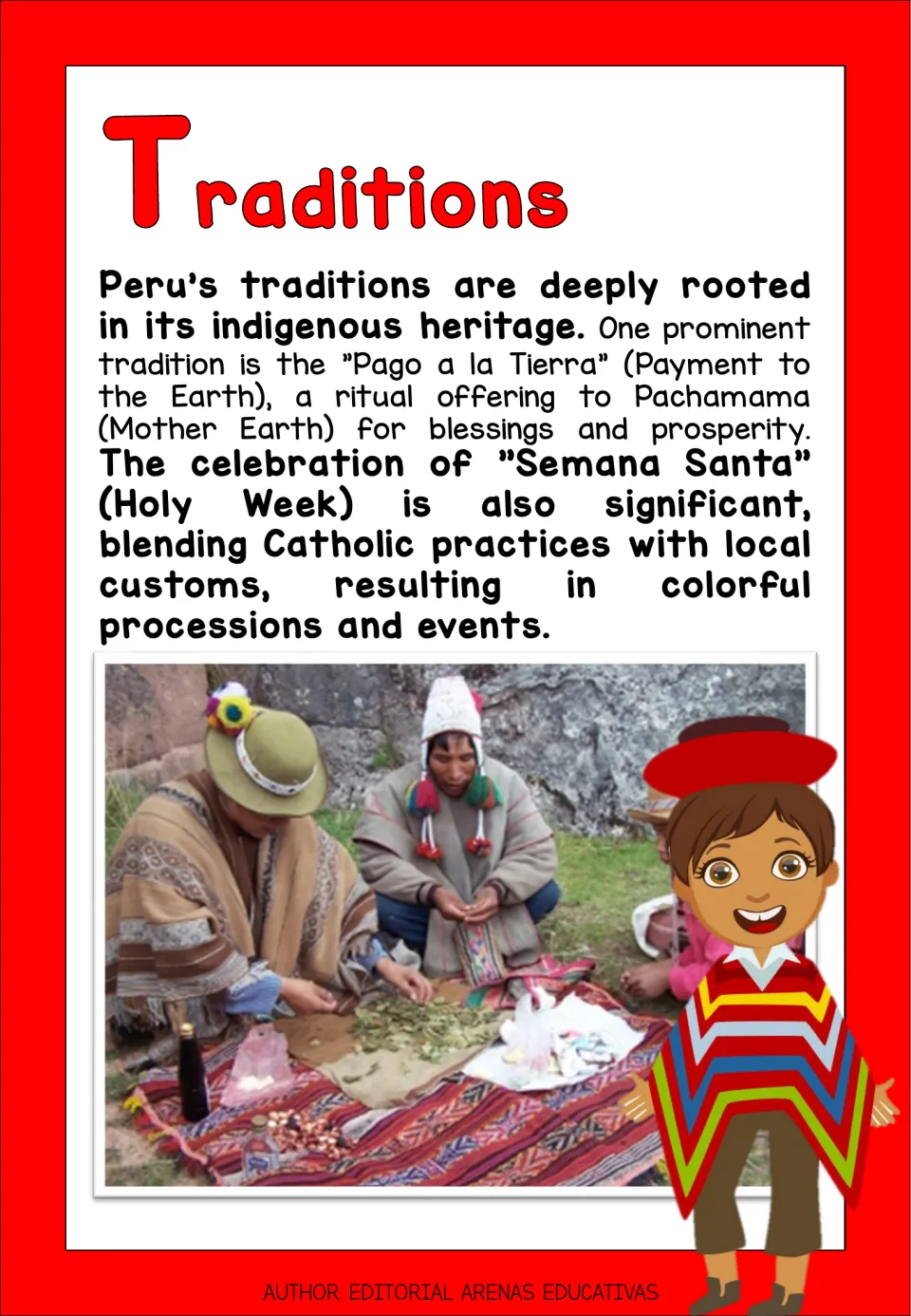Traditions reading on the Pago a la Tierra offering to Pachamama and Semana Santa, with a photo of a ritual ceremony