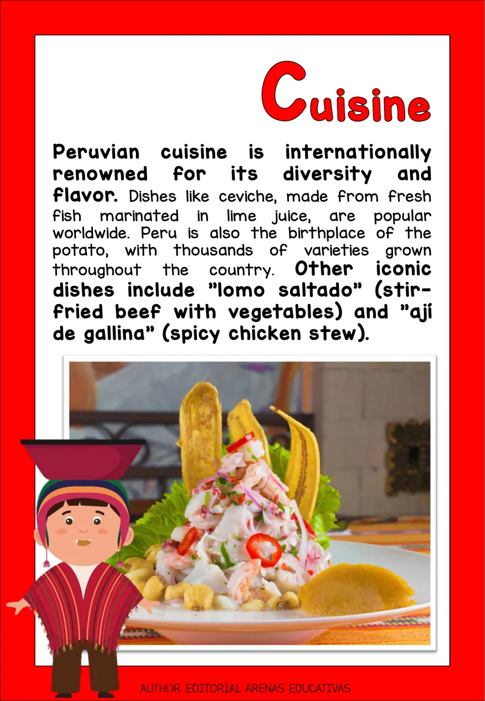 Cuisine reading on ceviche, lomo saltado, aji de gallina and Peru's many potato varieties, with a photo of ceviche