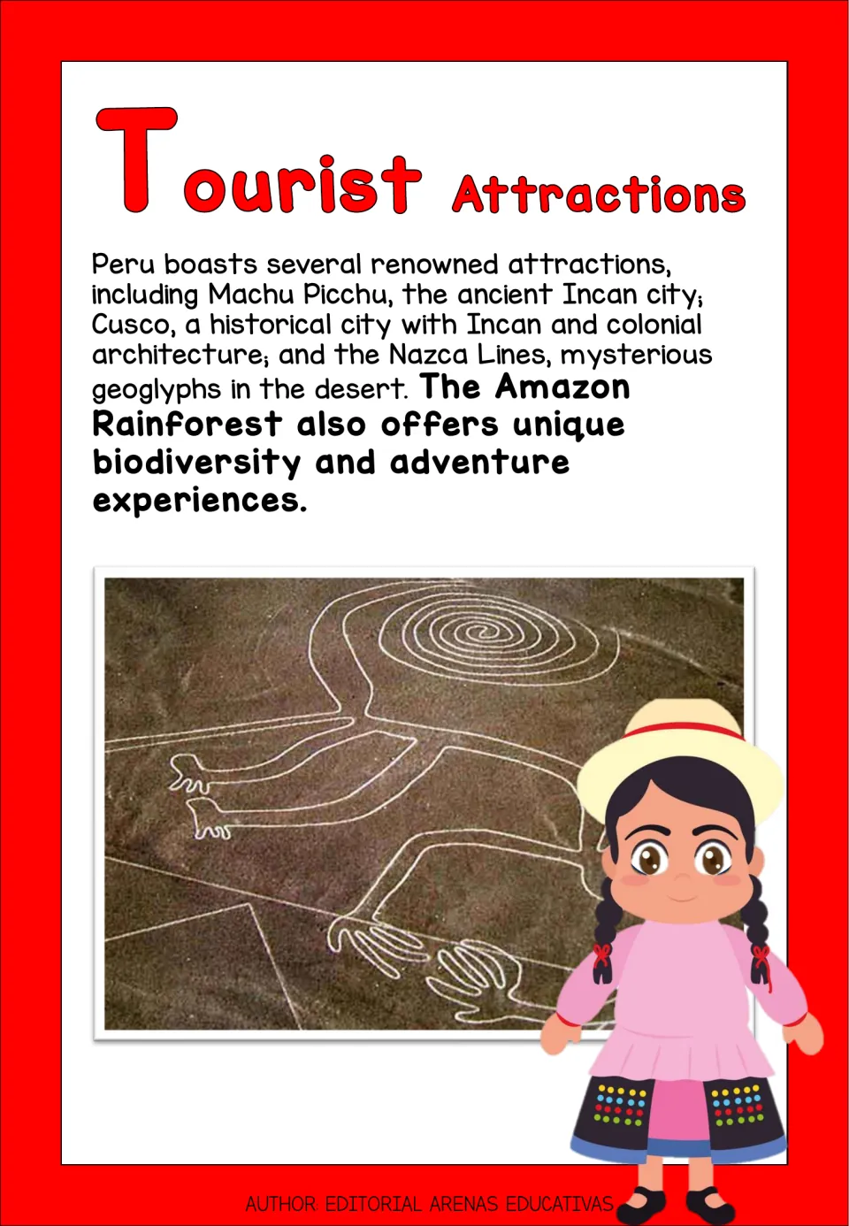 Tourist Attractions reading on Machu Picchu, Cusco, the Nazca Lines and the Amazon, with an aerial photo of a geoglyph