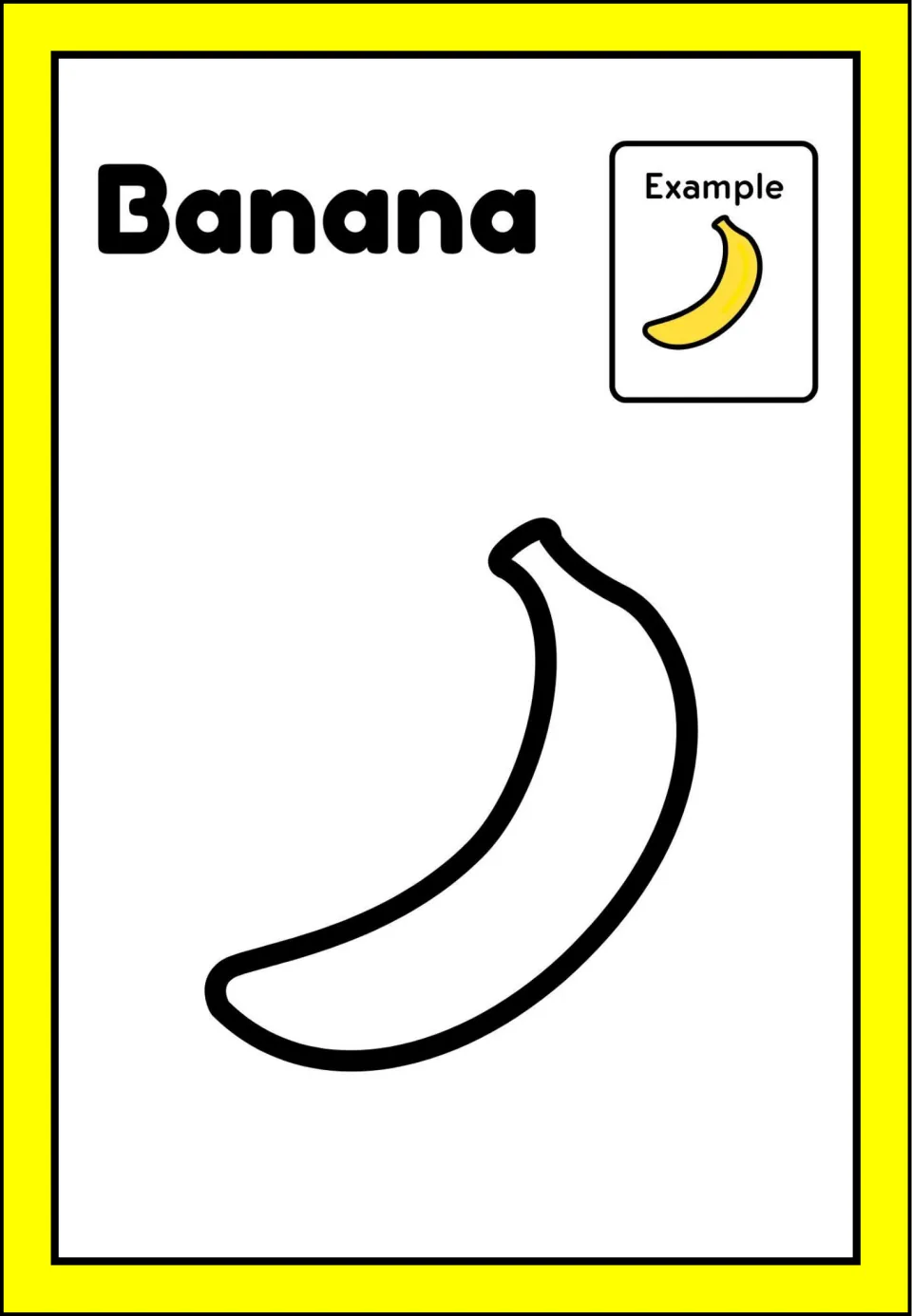 Banana painting activity, first of six fruit pages, with a labeled banana outline and a yellow example