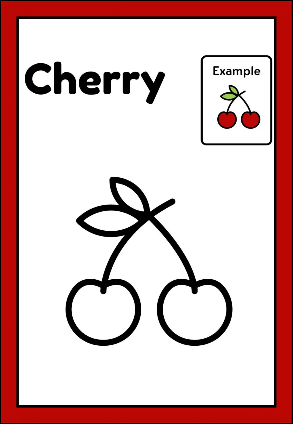 Cherry painting activity, second of six fruit pages, with two connected cherries and a red colored example