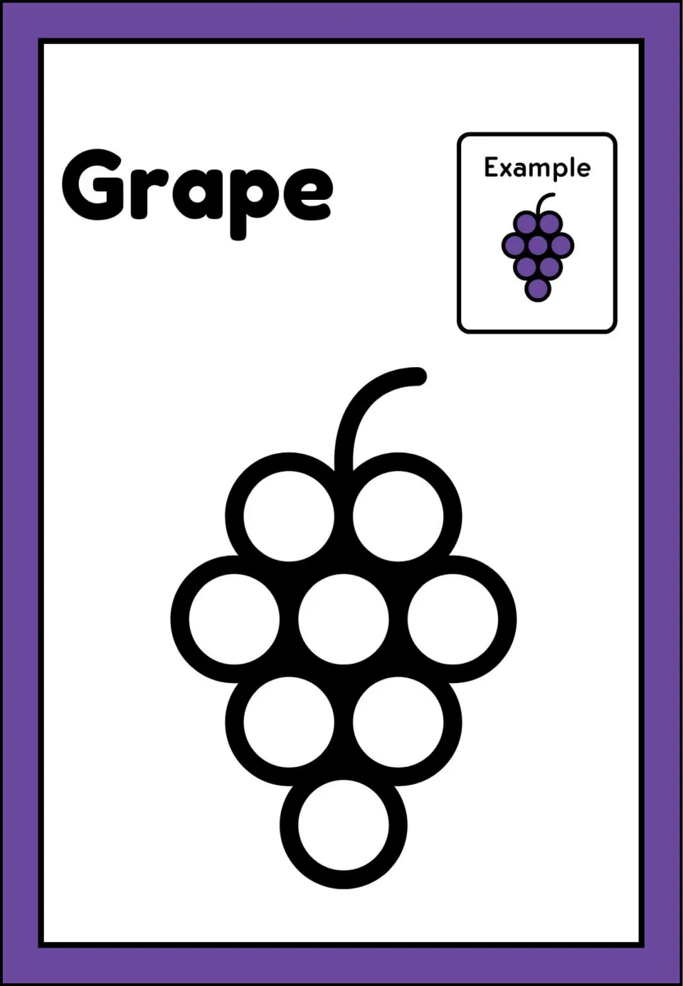 Grape painting activity, third of six fruit pages, with an outlined bunch of grapes and a purple example