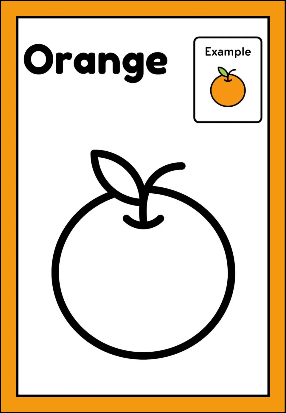 Orange painting activity, fourth of six fruit pages, with an orange outline and a colored fruit example