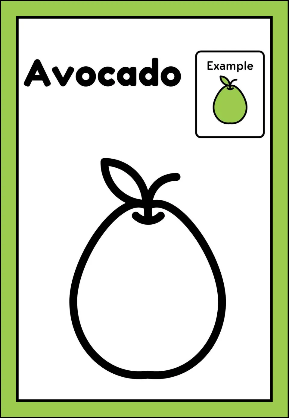 Avocado painting activity, fifth of six fruit pages, with a whole avocado outline and a green example