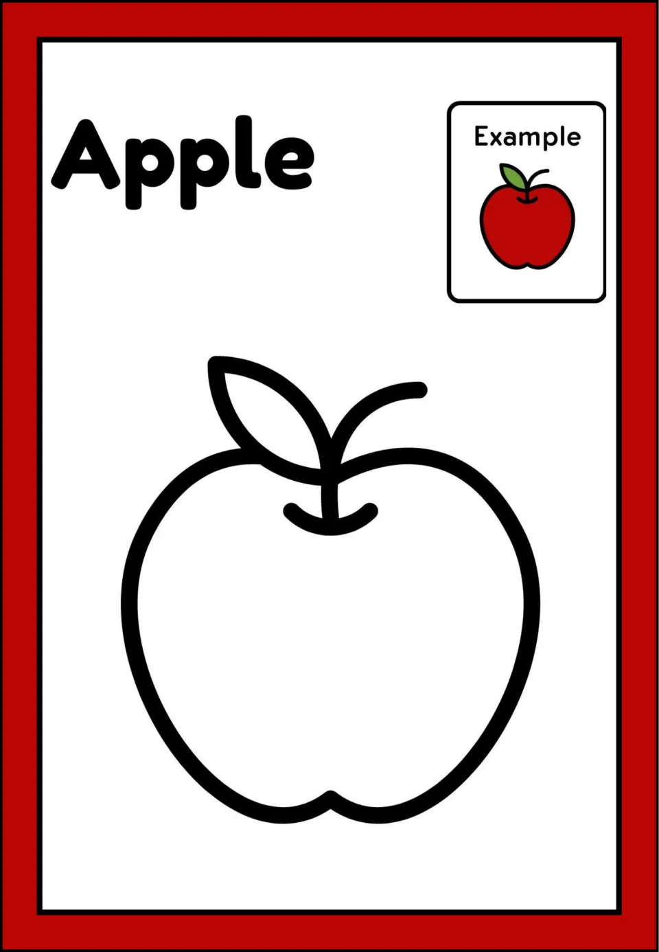 Apple painting activity, sixth of six fruit pages, with an apple outline and a red example with a green leaf