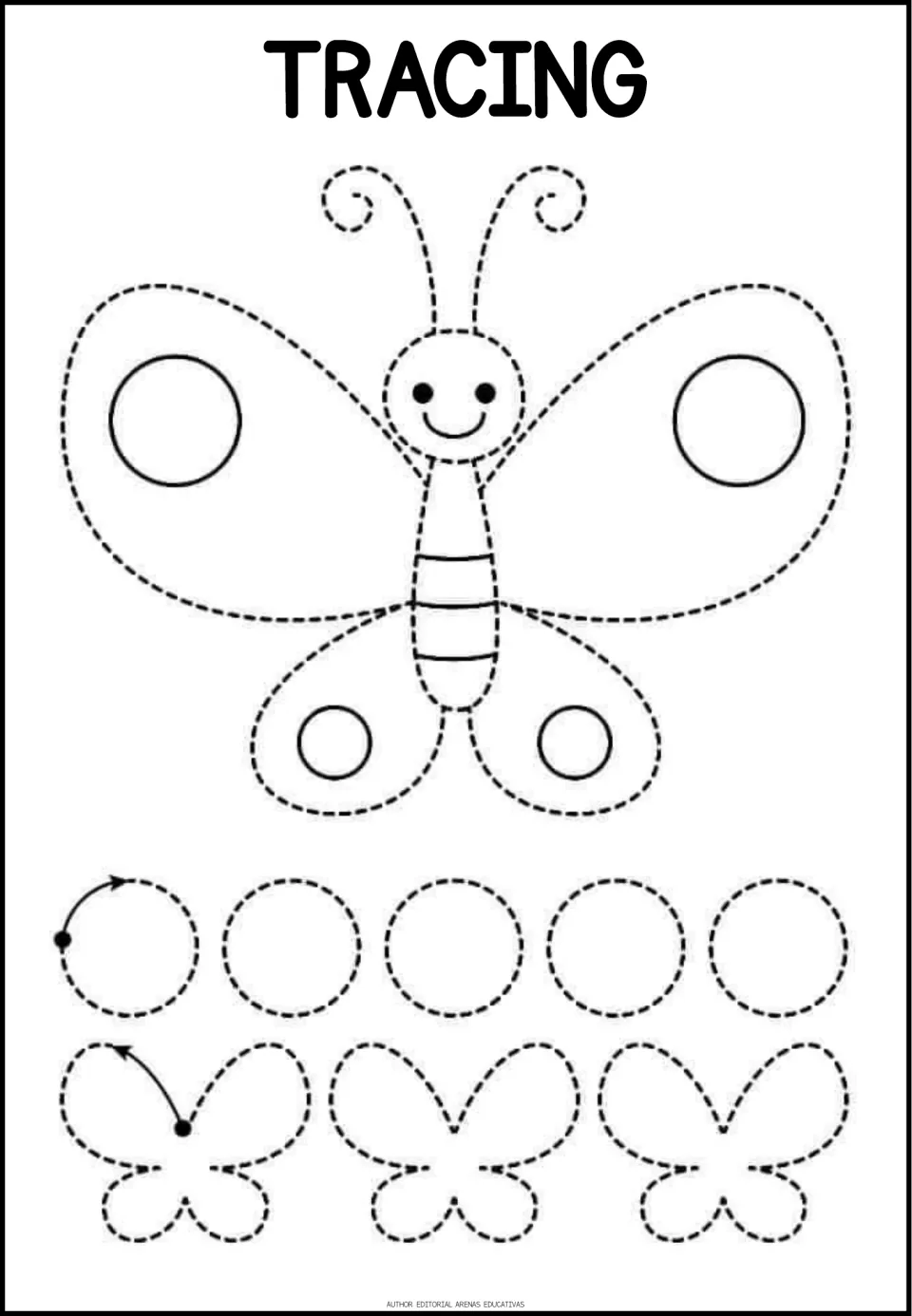 Tracing practice page 1 of 6: a large butterfly, five circles, and three smaller butterfly outlines