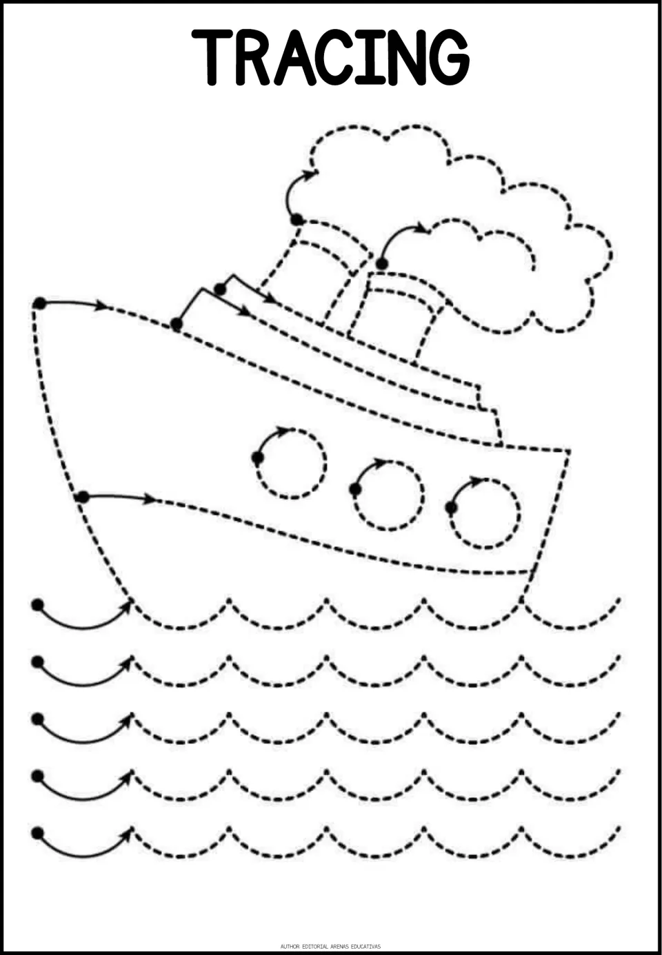 Tracing practice page 2 of 6: a ship with three round windows, two smokestacks, smoke, and curved waves