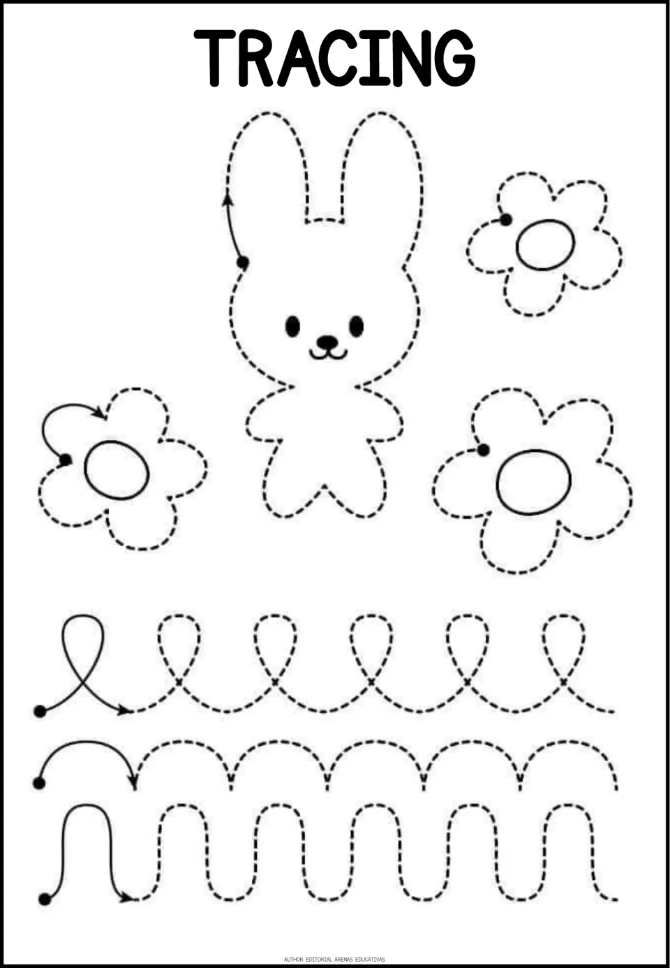 Tracing practice page 3 of 6: a rabbit and three flowers, followed by loops, arches, and rounded strokes