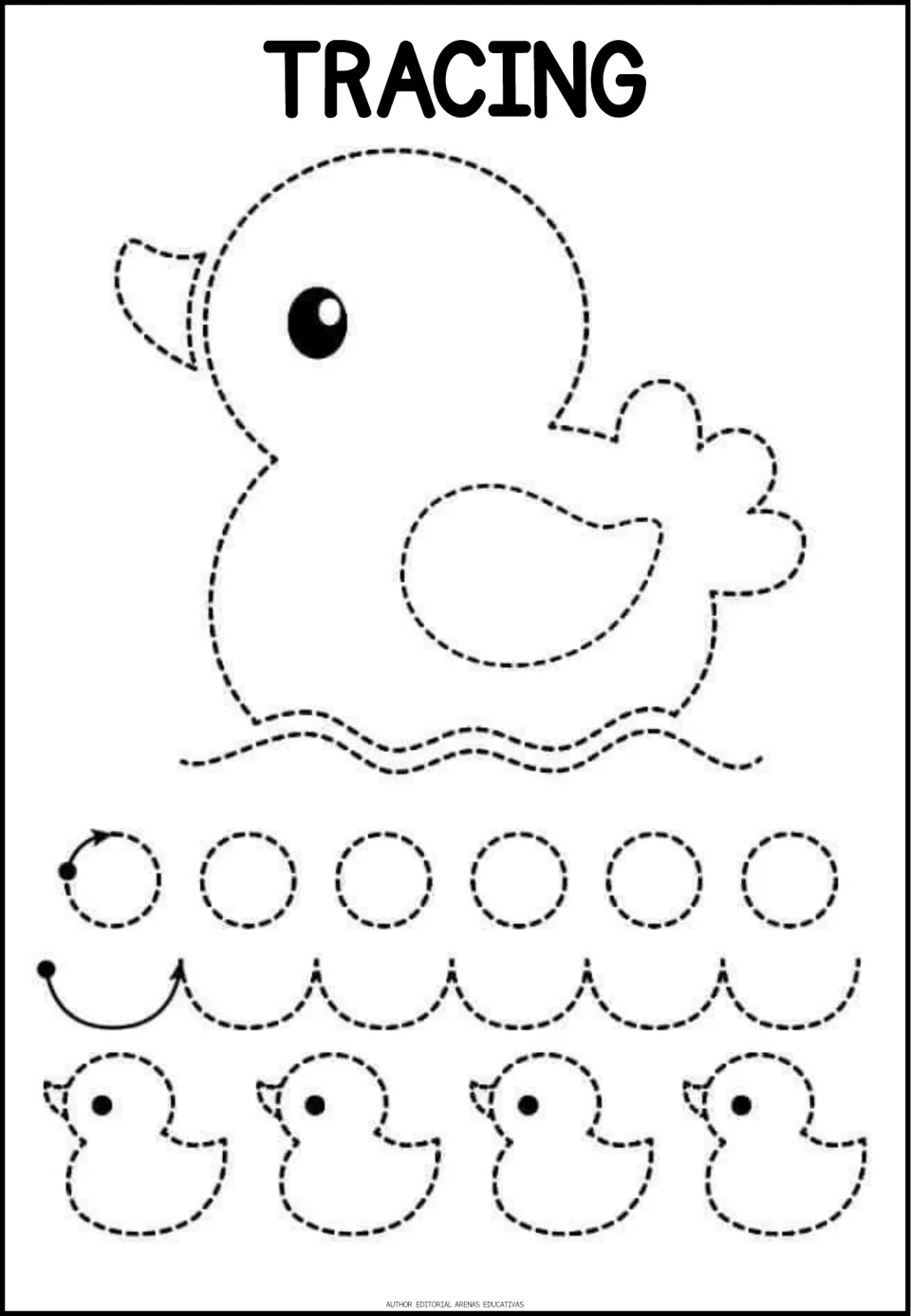 Tracing practice page 4 of 6: a large duck above water, six circles, curved strokes, and four small ducks