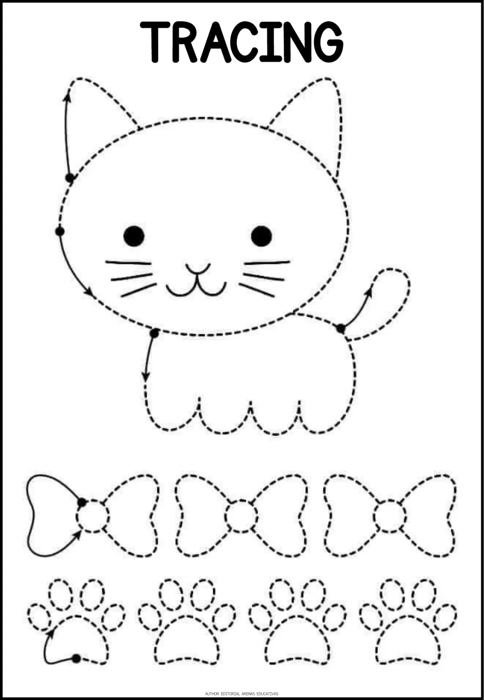 Tracing practice page 5 of 6: a large cat, three bow ties, and four paw prints, with starting dots and arrows