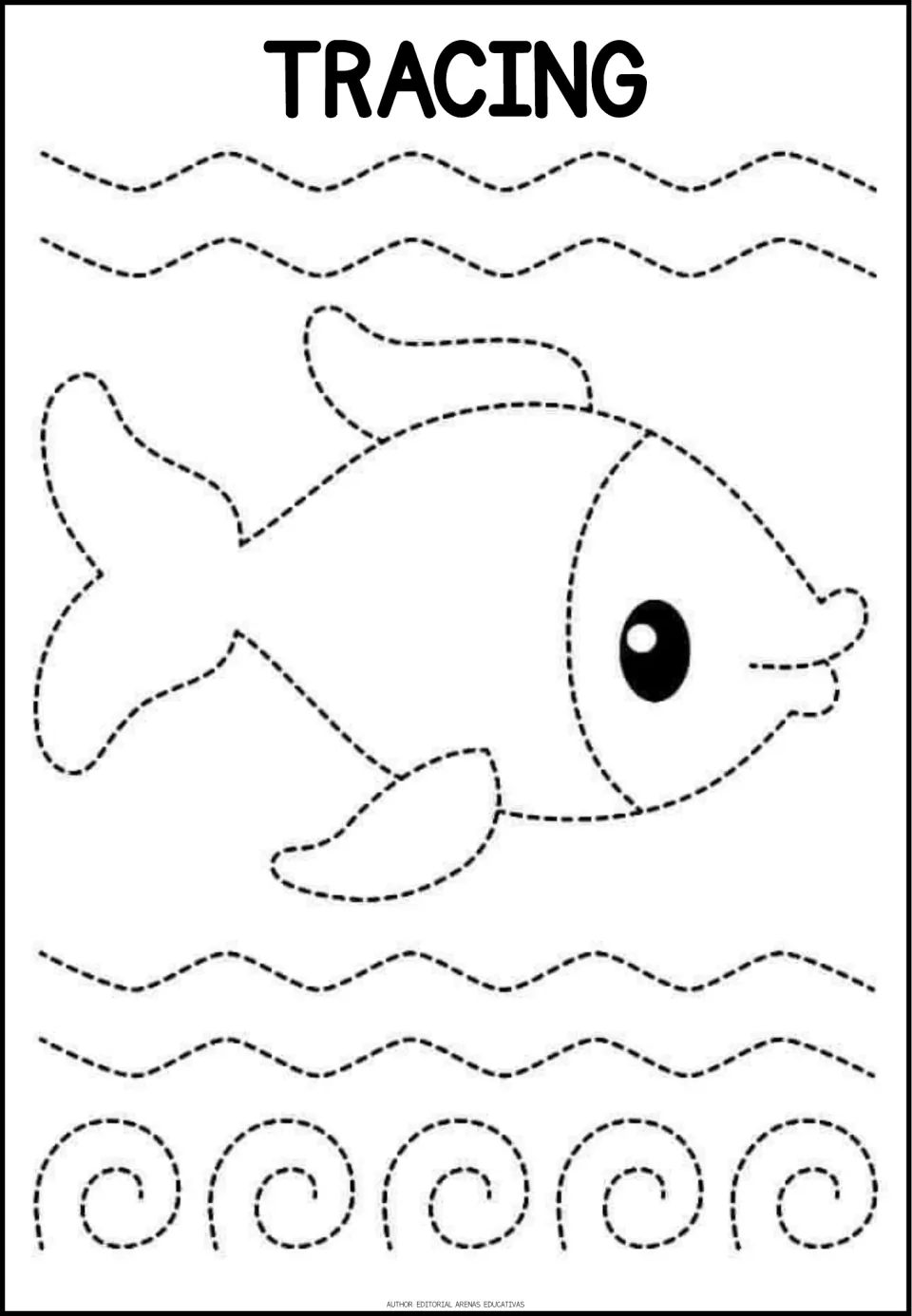 Tracing practice page 6 of 6: a large fish, four repeated wavy paths, and five spirals to trace
