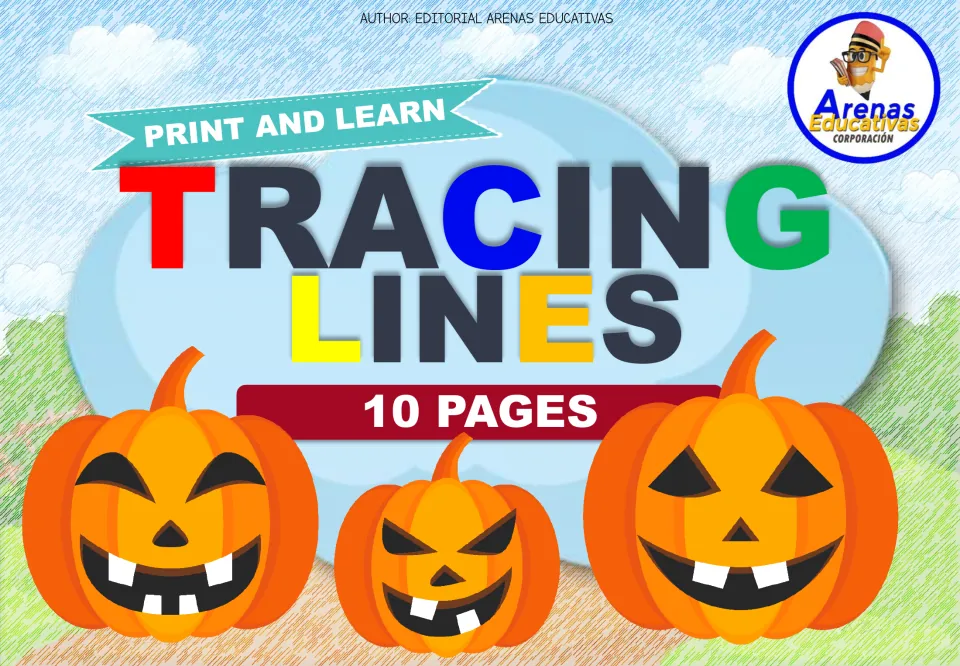 Cover of Print and Learn Tracing Lines, 10 pages, with three smiling jack-o'-lanterns, by Editorial Arenas Educativas