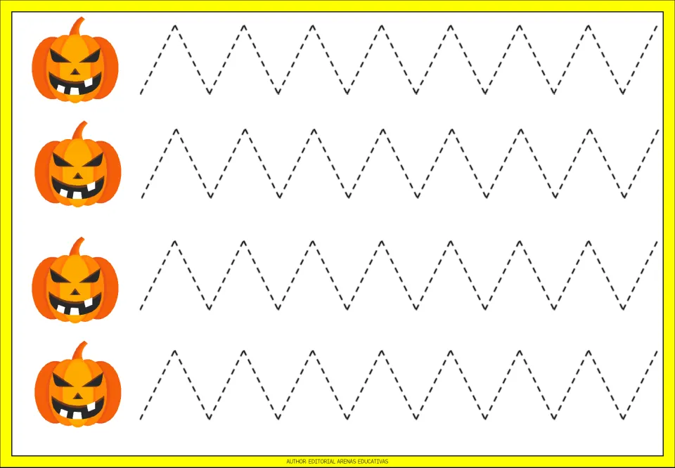 Zigzag tracing: students follow four rows of dashed peaks and valleys, each starting at a grinning jack-o'-lantern