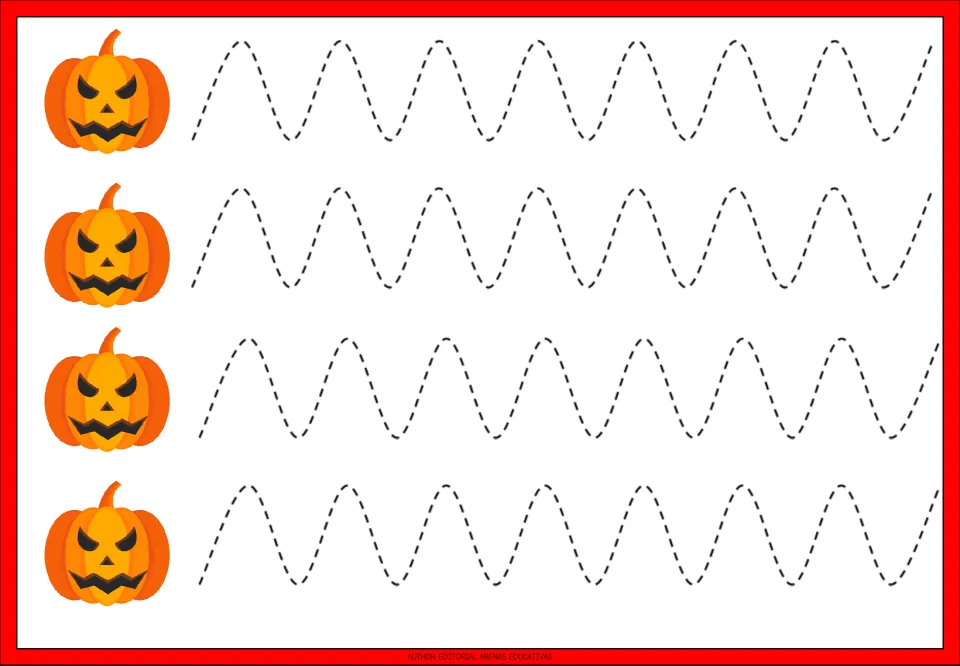 Wave tracing: children trace four rows of dashed rounded hills and dips that begin beside angry-faced pumpkins