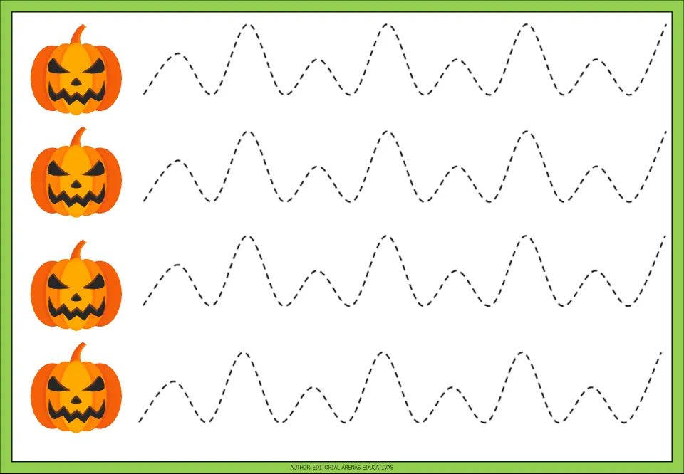 Mixed wave tracing: students trace dashed curves that alternate tall and short humps across four pumpkin-led rows