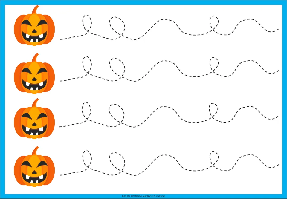 Loop tracing: children follow gently rolling dashed paths with small loops in four rows, starting at laughing pumpkins