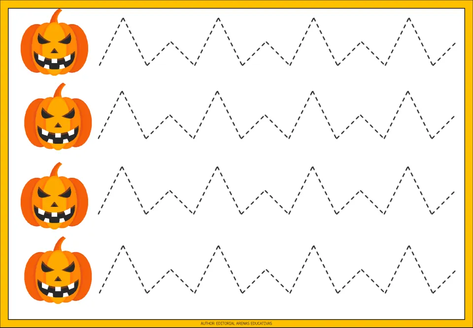 Uneven zigzag tracing: students trace dashed points alternating high and low peaks along four jack-o'-lantern rows