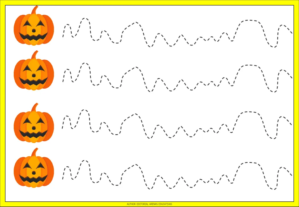 Irregular curve tracing: children follow bumpy dashed paths of uneven hills and dips in four rows beside pumpkins