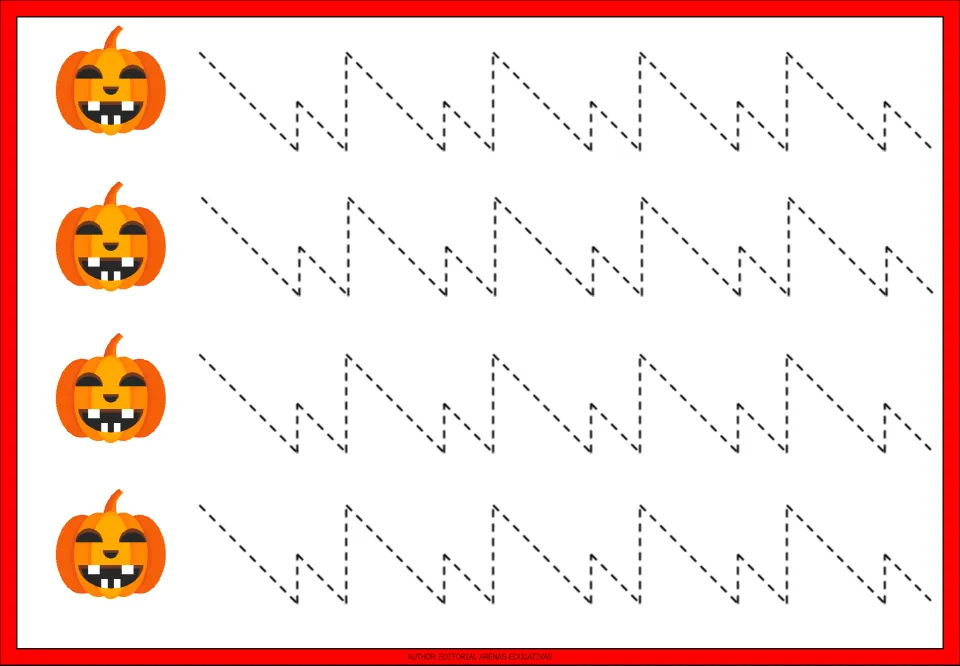 Sawtooth tracing: students trace dashed slants and vertical drops in a repeating big-small pattern across four rows