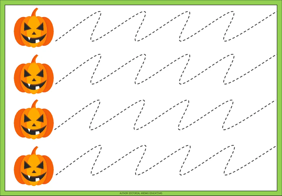 Slanted curve tracing: children trace four rows of dashed rising diagonals that hook back down in smooth S-like bends