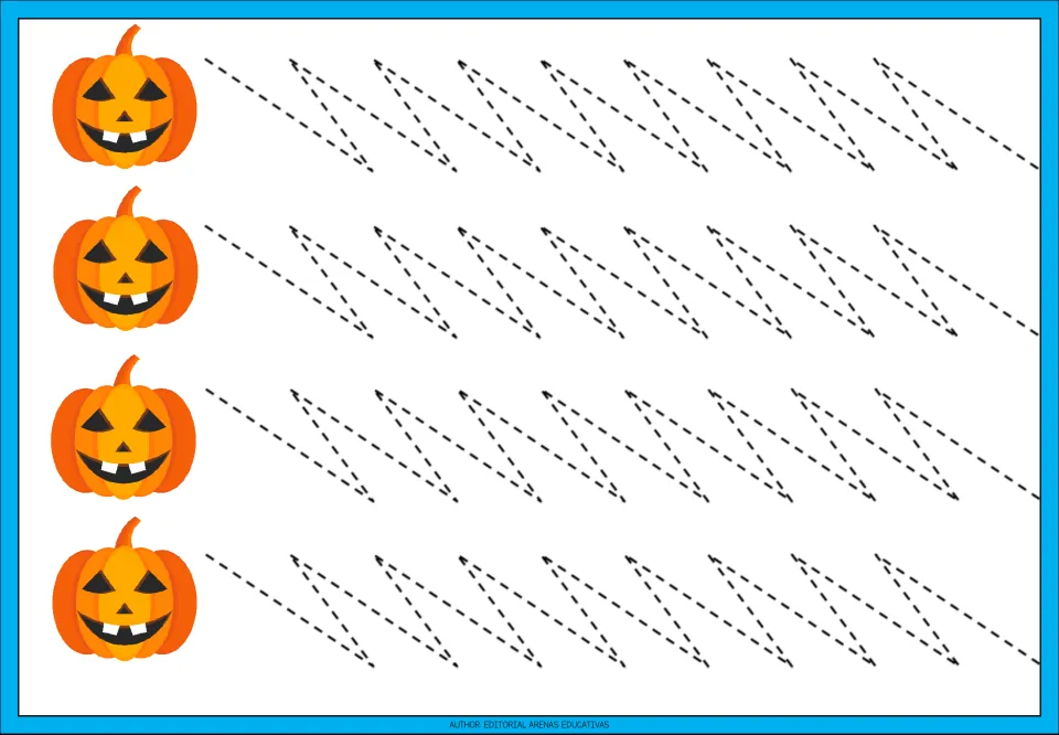 Diagonal zigzag tracing: students follow dashed lines slanting down then sharply back up, repeated in four pumpkin rows
