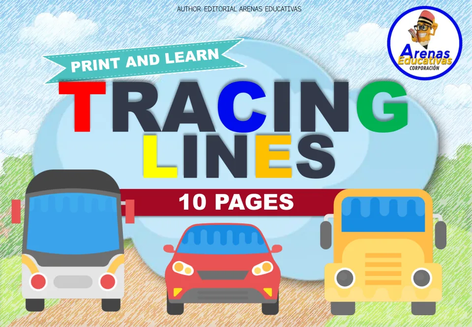 Cover of the vehicle-themed tracing resource, titled 'Tracing Lines,' with 'Print and Learn' and '10 Pages'