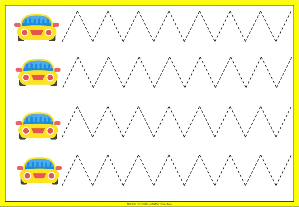 Tracing practice sheet 1: four repeated zigzag paths with evenly sized peaks, each starting beside a yellow car