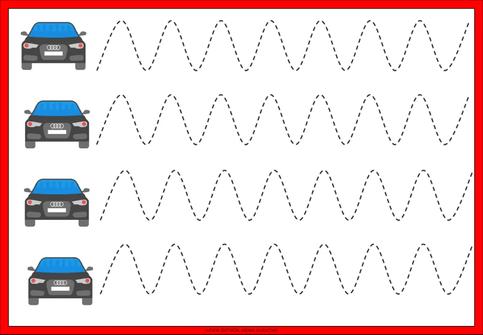 Tracing practice sheet 2: four repeated wave paths with smooth, evenly spaced curves beside dark gray cars