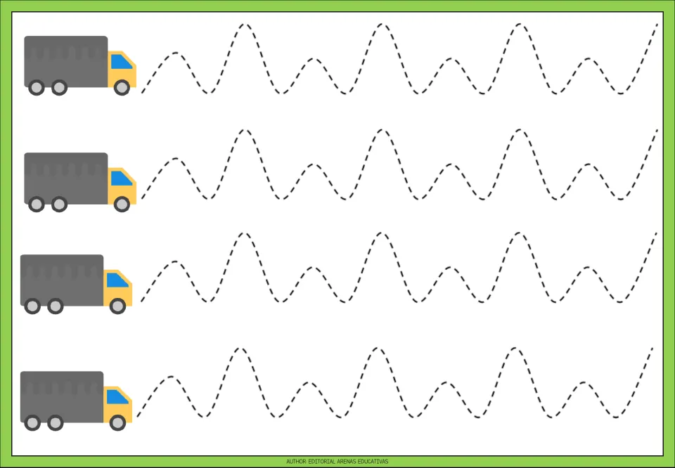 Tracing practice sheet 3: four repeated wave paths alternating low and high peaks beside gray delivery trucks