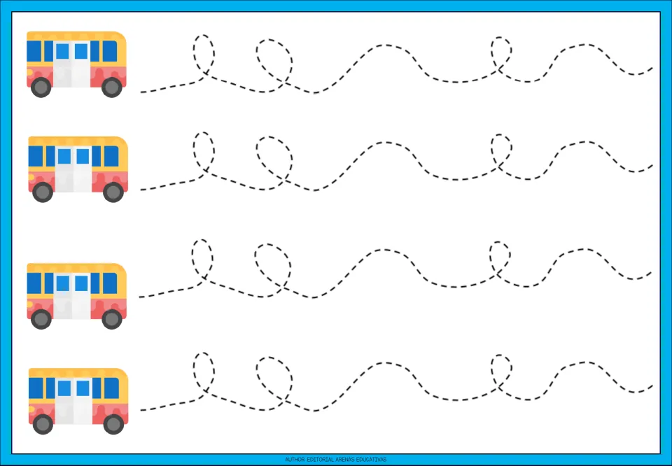 Tracing practice sheet 4: four repeated paths combining upright loops and broad waves beside colorful buses