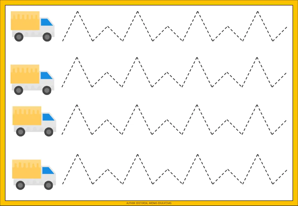 Tracing practice sheet 5: four repeated zigzag paths alternating tall and short peaks beside delivery trucks