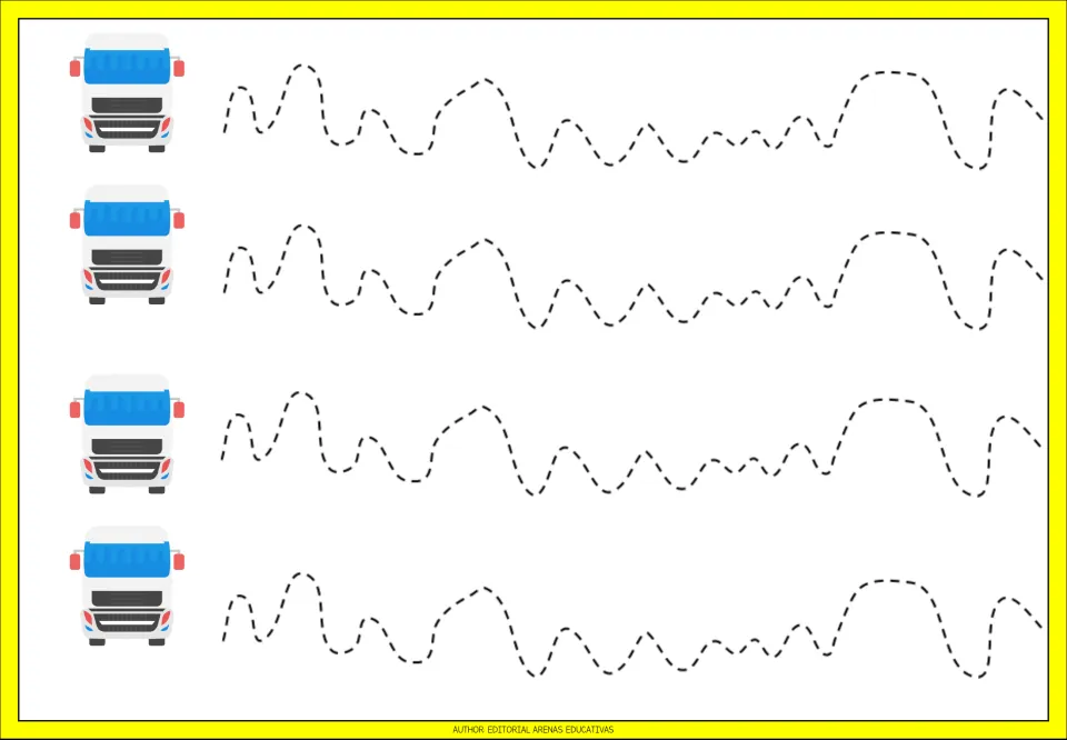 Tracing practice sheet 6: four repeated winding paths with curves of varied heights beside front-facing trucks
