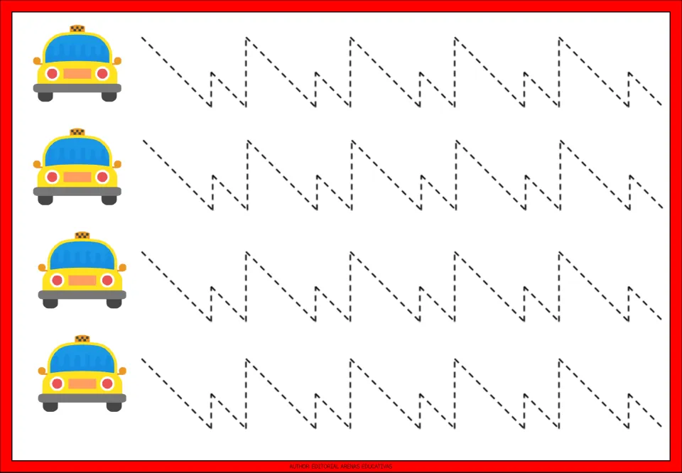 Tracing practice sheet 7: four repeated angular paths with diagonal descents and vertical rises beside taxis