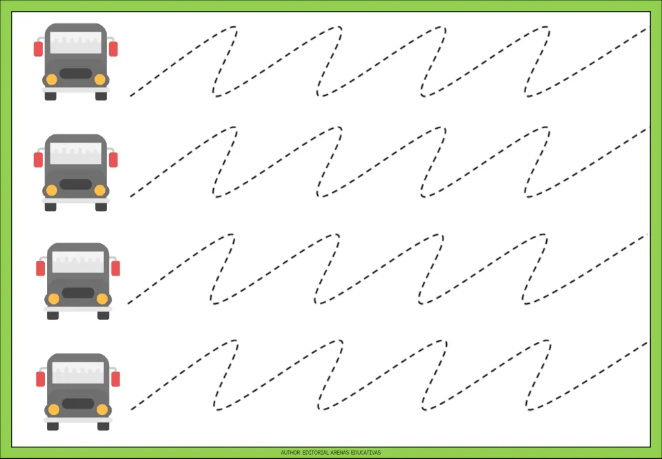 Tracing practice sheet 8: four repeated slanted paths with rounded turns beside front-facing gray buses