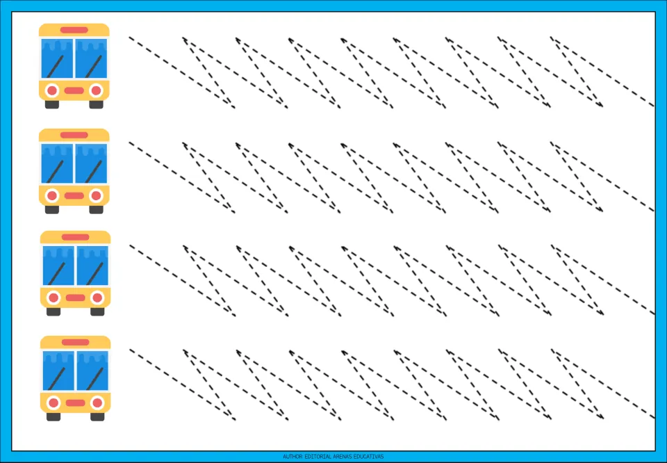 Tracing practice sheet 9: four repeated slanted zigzag paths with sharp turns beside front-facing yellow buses