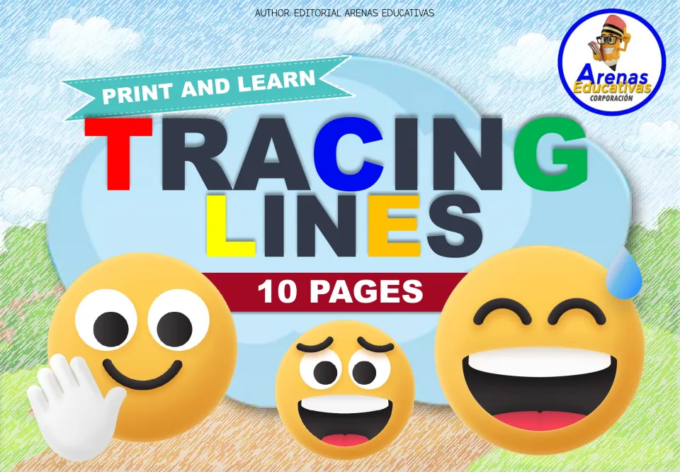 Cover of the emoji-themed tracing mini book, labeled 'Print and Learn,' 'Tracing Lines,' and '10 Pages'