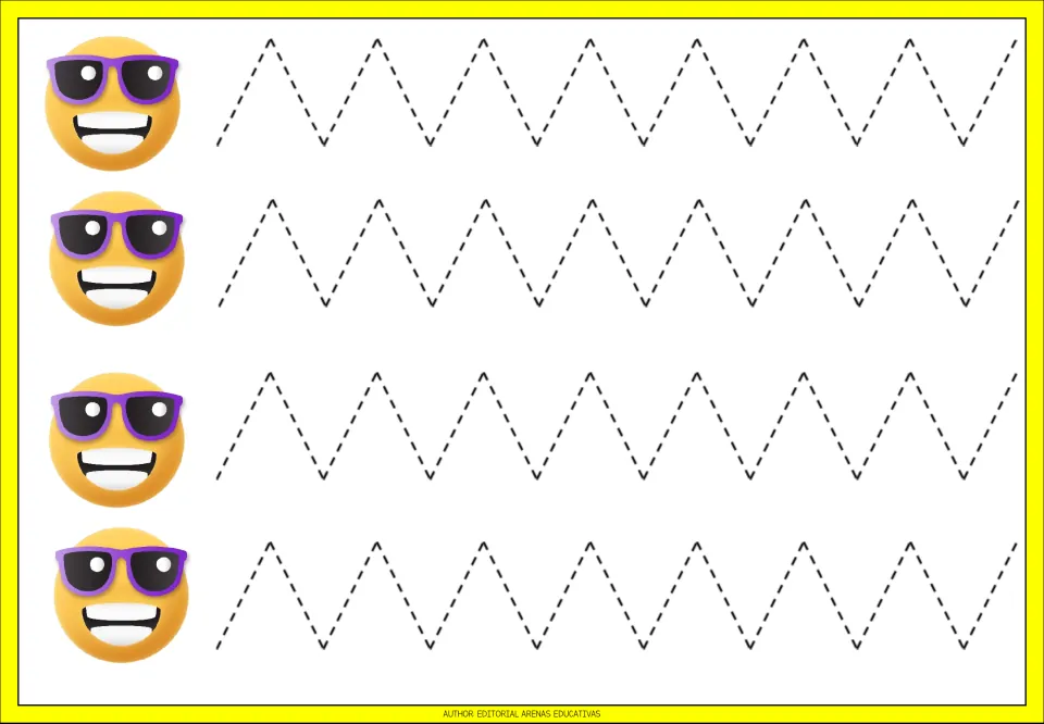 Tracing practice sheet 1 of 9: four repeated dashed zigzag paths with evenly spaced peaks and valleys
