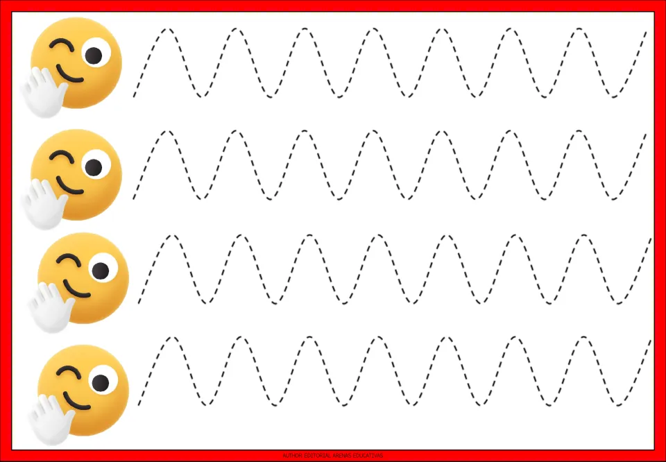 Tracing practice sheet 2 of 9: four repeated dashed wave paths with rounded peaks and curved valleys