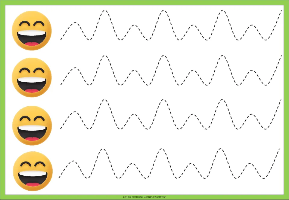 Tracing practice sheet 3 of 9: four repeated dashed wave paths alternating between low and high peaks