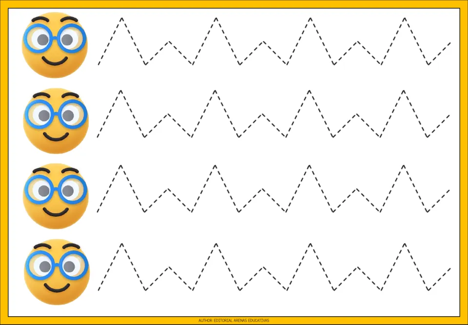Tracing practice sheet 5 of 9: four repeated dashed zigzag paths alternating between tall and short peaks