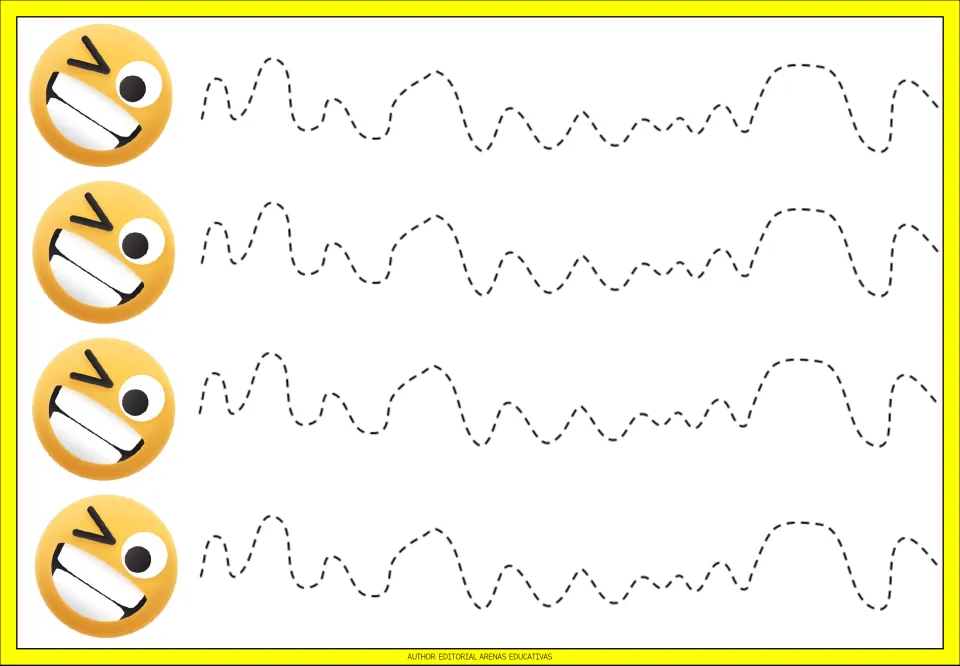 Tracing practice sheet 6 of 9: four repeated dashed winding paths with uneven humps, dips, and bends