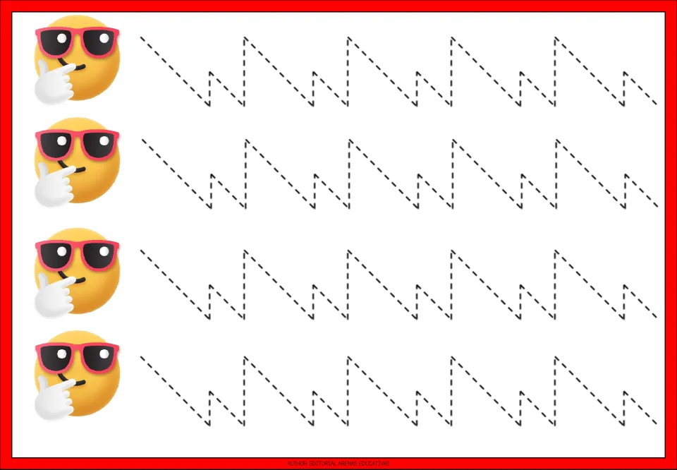 Tracing practice sheet 7 of 9: four repeated dashed paths with diagonal descents and short and tall upward steps