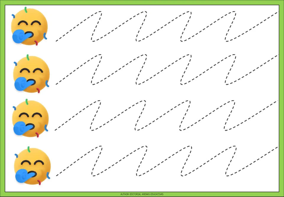 Tracing practice sheet 8 of 9: four repeated dashed paths with long upward slopes and rounded downward turns