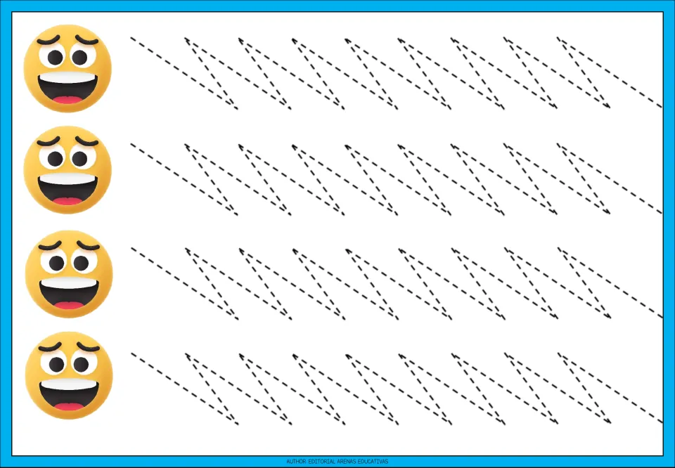 Tracing practice sheet 9 of 9: four repeated dashed paths with long downward diagonals and sharp backward turns
