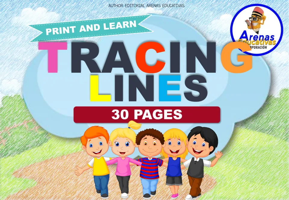 Cover of the tracing workbook labeled 'Tracing Lines,' '30 Pages,' and 'Print and Learn' for pencil practice