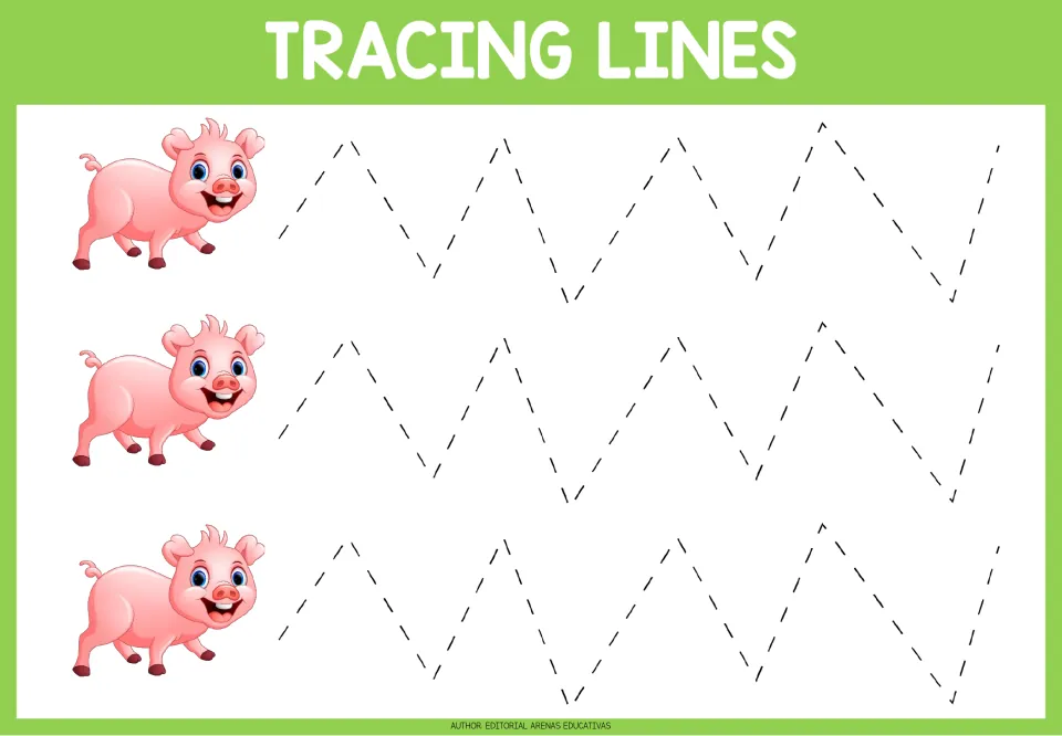 Tracing practice sheet 2: three repeated dashed zigzag paths with sharp peaks and deep valleys to trace
