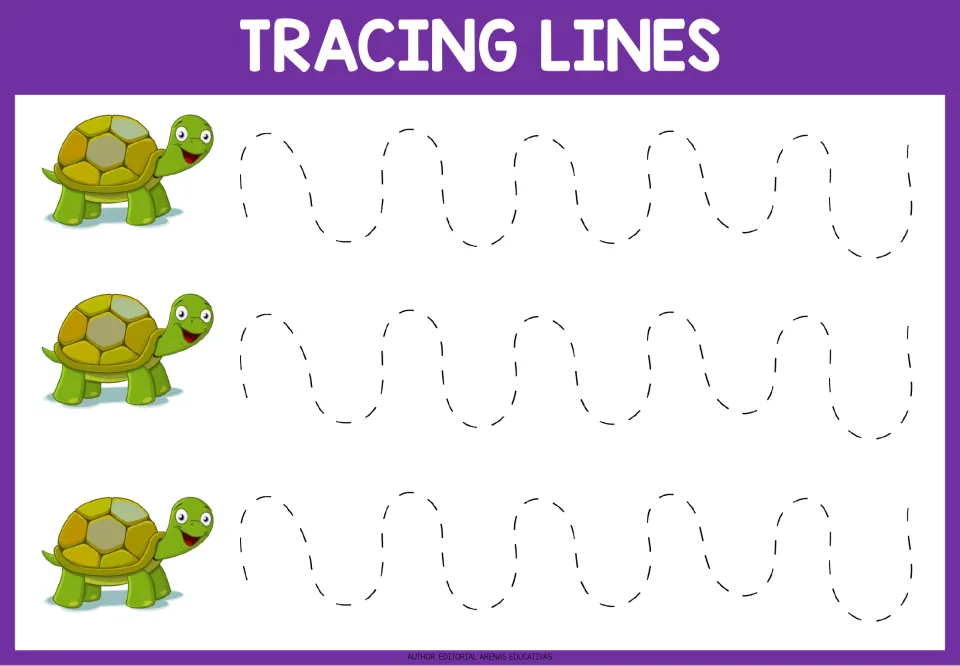 Tracing practice sheet 5: three repeated dashed paths with tall, narrow waves and rounded turns to trace