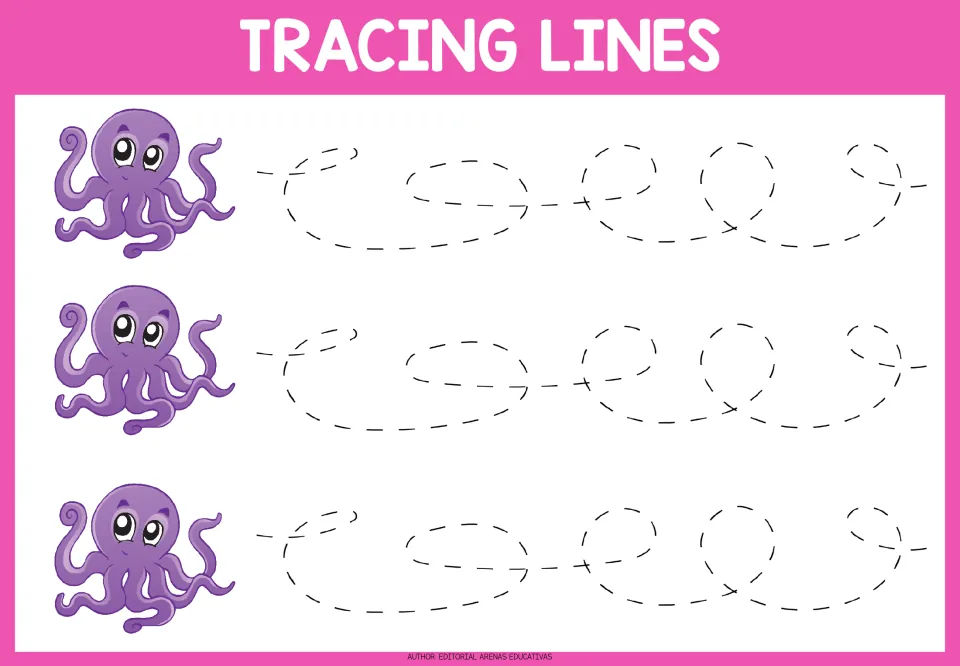 Tracing practice sheet 6: three repeated dashed paths with wide, curling loops that cross over themselves