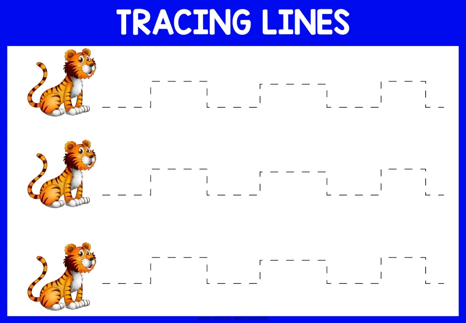 Tracing practice sheet 9: three repeated dashed step paths with horizontal and vertical strokes to trace