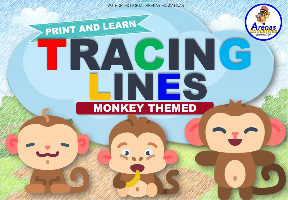 Tracing Lines, Monkey Themed cover: Print and Learn title with three cartoon monkeys, one eating a banana